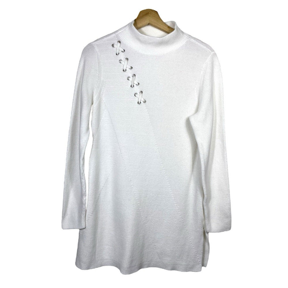 Chicos  White Cashmere Cotton Pullover Sweater Sz 2 L High Neck‎ Ribbed Minimal